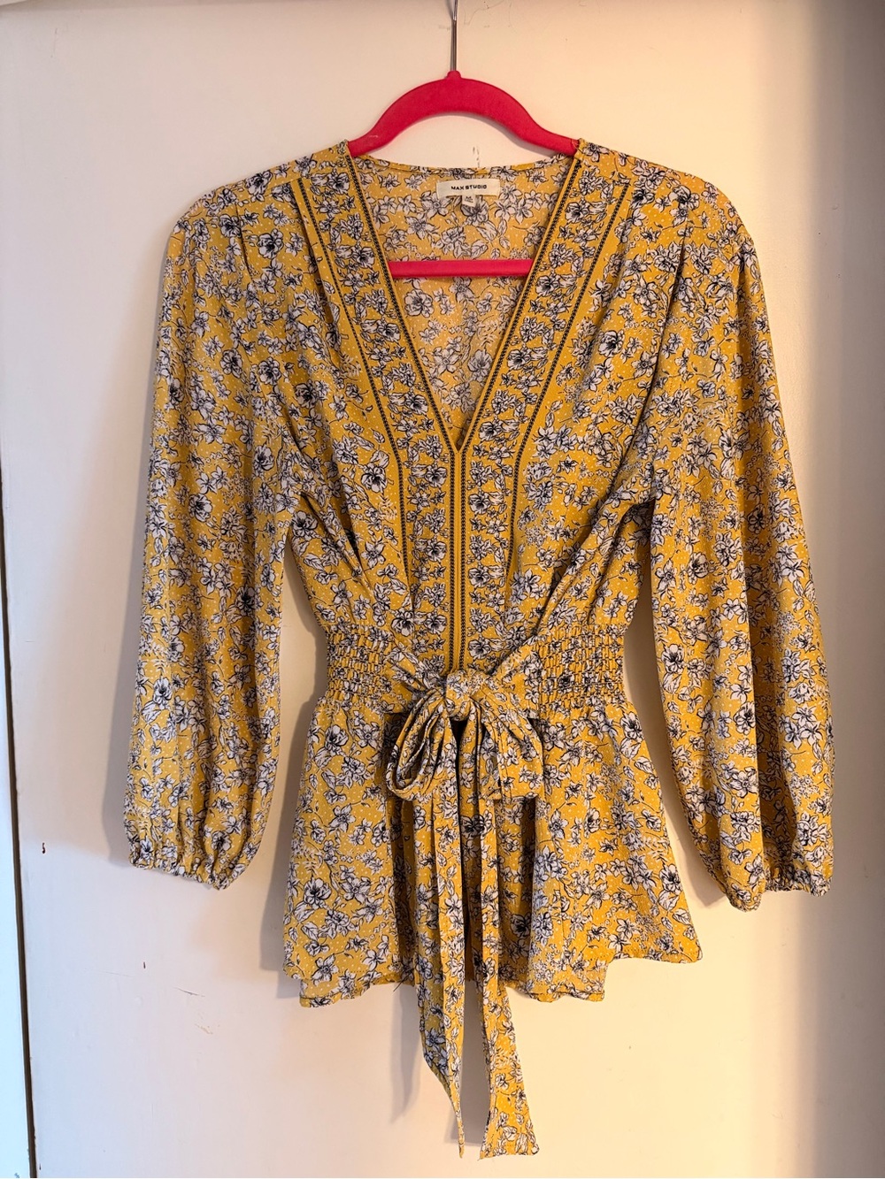 Max Studio Yellow Floral Tie-Waist V-Neck Peplum Tunic